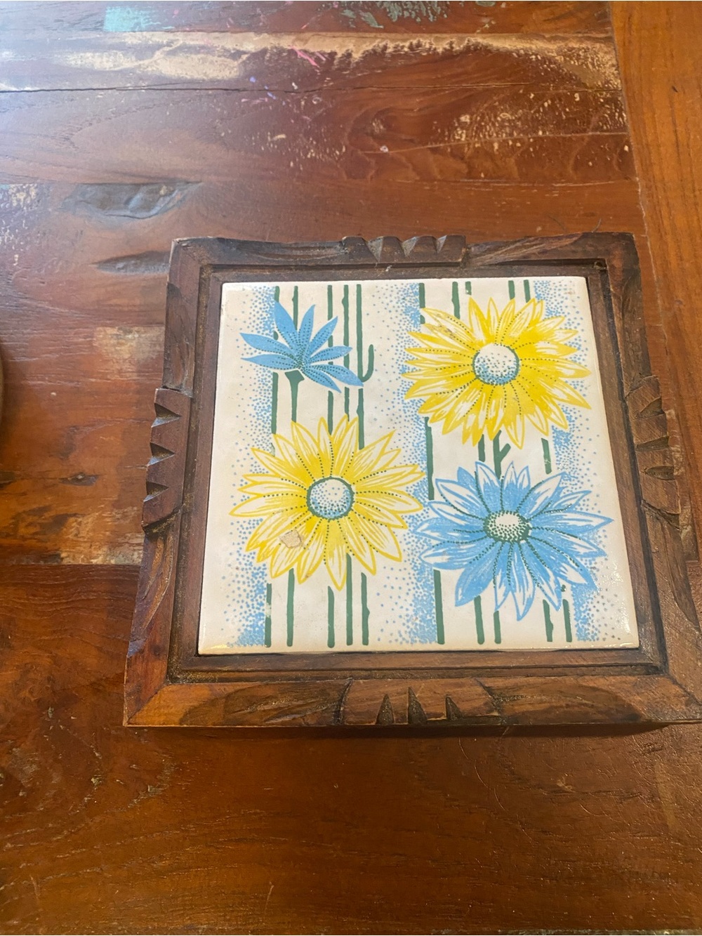 Handmade Floral Tile Trivet on Riser- Mexican Tile